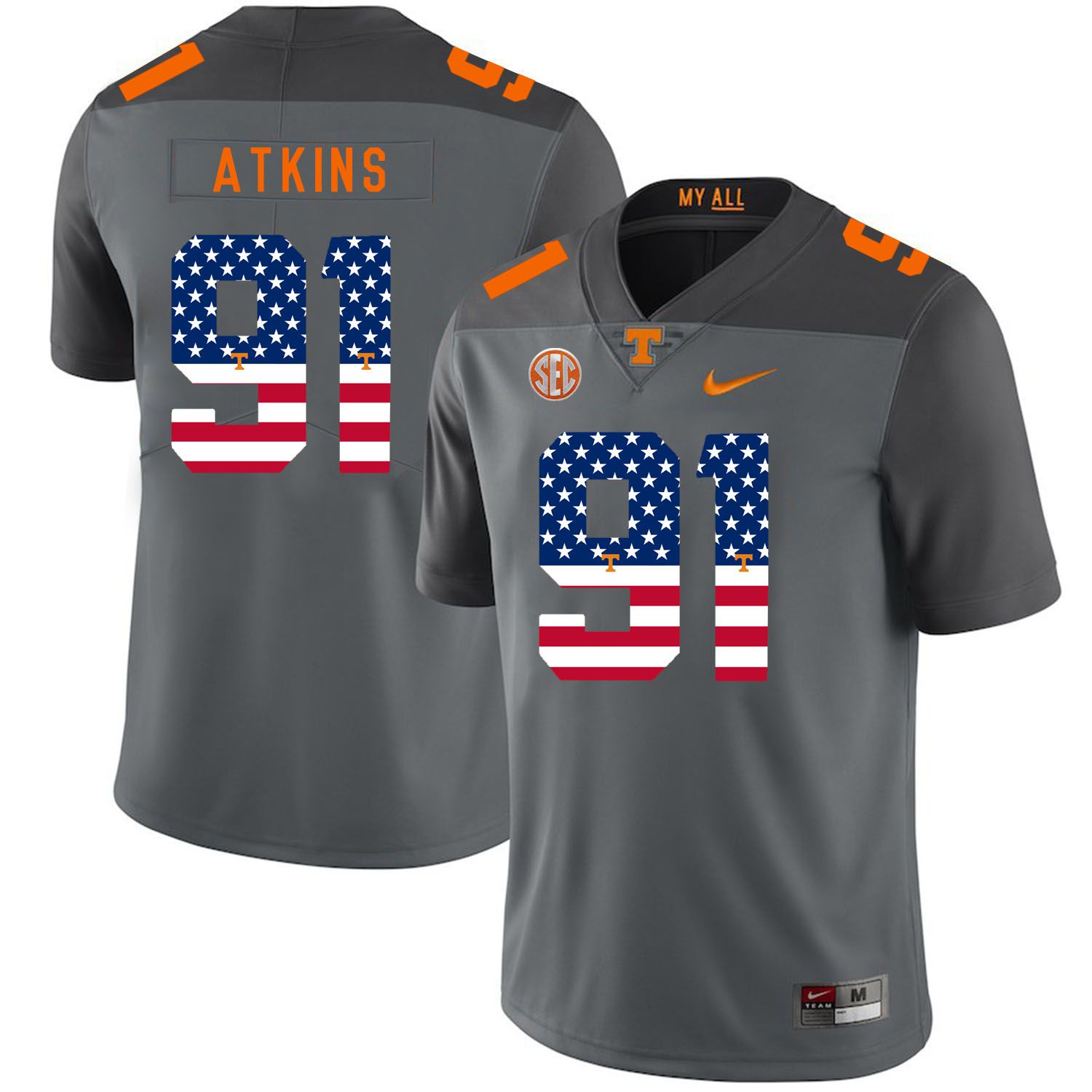 Men Tennessee Volunteers #91 Atkins Grey Flag Customized NCAA Jerseys